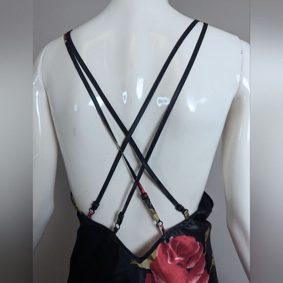 Vintage La Vie en Rose Black Floral Satin Slip Dress – Crisscross Back – SzLarge - Picture 5 of 12